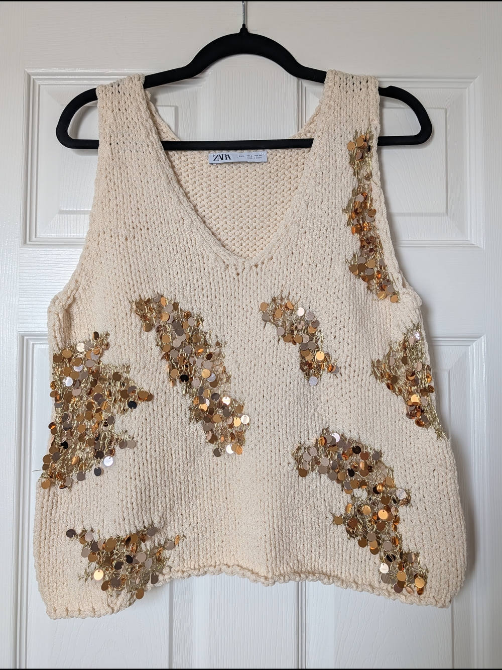 Zara Cream Knit Tank with Gold Sequin Clusters